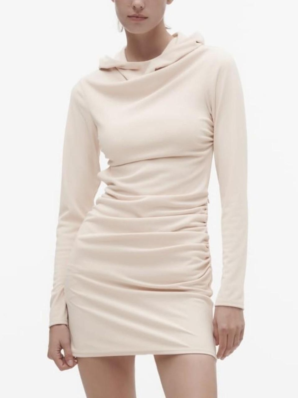 Zara Ruched Women's  Long-Sleeve Mini Dress in Cream with hood and open back